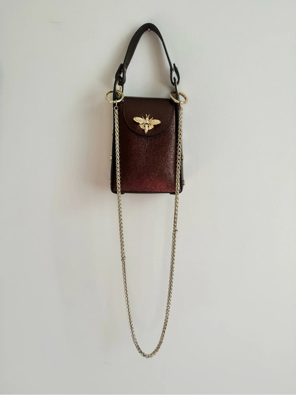 Vera Pelle Metallic Bronze Leather Bee Phone Crossbody Bag Made in Italy